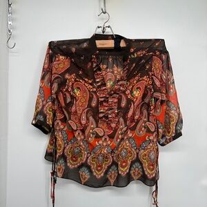 Vtg Carole Little Top Womens Petite 1X Orange Paisley Embellished Blouse
